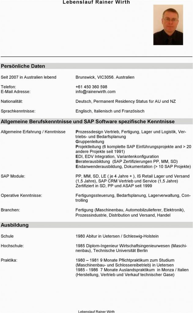 Lebenslauf Englisch Diplom Ingenieur Lebenslauf Rainer Wirth Allgemeine Berufskenntnisse Und Sap